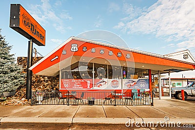 Goldies Route 66 Diner, casual throwback with 1960s styling restaurant in Williams city located near downtown, , street view Editorial Stock Photo