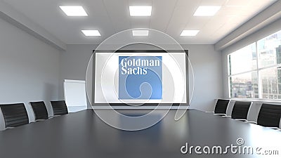 The Goldman Sachs Group logo on the screen in a meeting room. Editorial 3D rendering Editorial Stock Photo