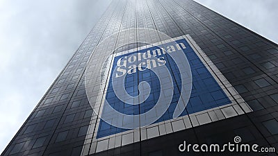 The Goldman Sachs Group logo on a skyscraper facade reflecting clouds. Editorial 3D rendering Editorial Stock Photo