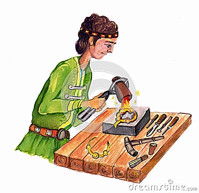 Goldsmith - hand drawn color illustration, part of medieval series set Cartoon Illustration