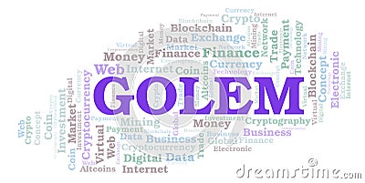 Golem cryptocurrency coin word cloud. Stock Photo