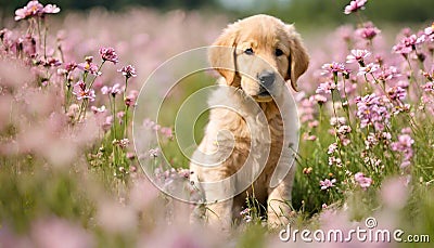 Golen Retriever puppy sitting in summer flower Stock Photo