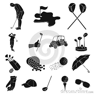 Golf and attributes black icons in set collection for design.Golf Club and equipment vector symbol stock web Vector Illustration