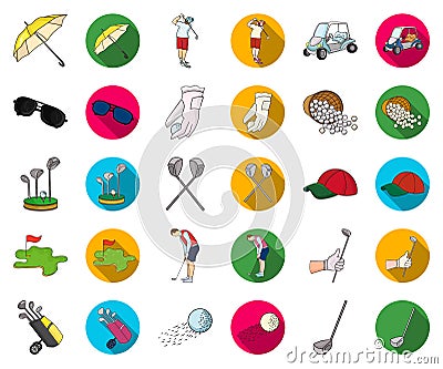 Golf and attributes cartoon,flat icons in set collection for design.Golf Club and equipment vector symbol stock web Vector Illustration