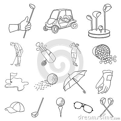 Golf and attributes outline icons in set collection for design.Golf Club and equipment vector symbol stock web Vector Illustration