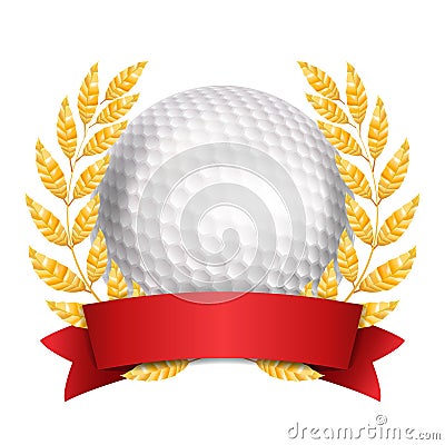Golf Award Vector. Sport Banner Background. White Ball, Red Ribbon, Laurel Wreath. 3D Realistic Isolated Illustration Vector Illustration