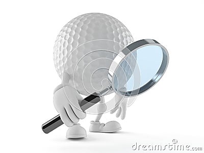 Golf ball character looking through a magnifying glass Stock Photo