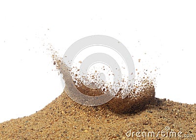 Golf ball explode from sand bunker. Golfer hit ball with club to sand explosion to green. Golf club hit ball in sand bunker Stock Photo