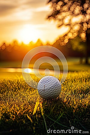 golf ball on a grassy field during a beautiful sunrise. It epitomizes the tranquility of a morning on the golf course Stock Photo