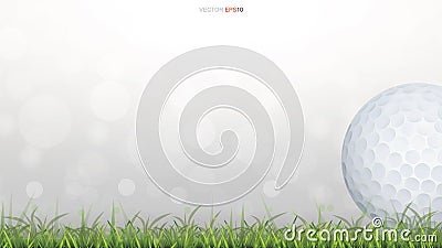 Golf ball on green grass field with light blurred bokeh background. Vector Illustration