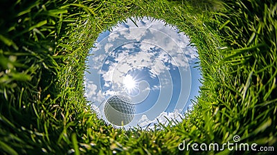 Golf ball in the hole viewed from the ground level, surrounded by green grass against a blue sky with clouds and sunlight Cartoon Illustration