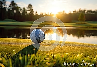 golf ball placed on the lush green fairway of a beautiful golf course on a sunny day. Stock Photo