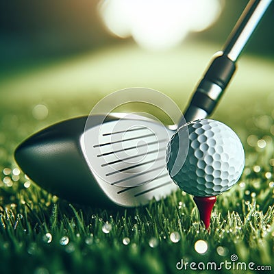 Golf ball sits on tee at the start of long drive, on golf course Stock Photo