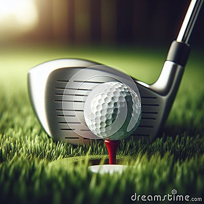 Golf ball sits on tee at the start of long drive, on golf course Stock Photo