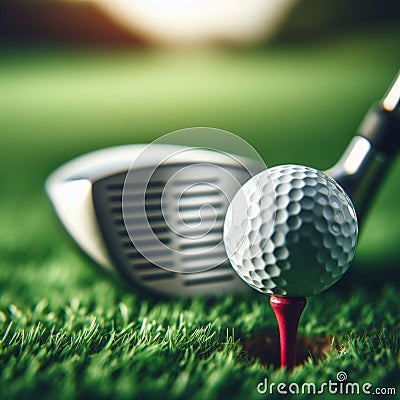 Golf ball sits on tee at the start of long drive, on golf course Stock Photo