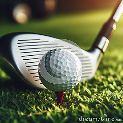 Golf ball sits on tee at the start of long drive, on golf course Stock Photo