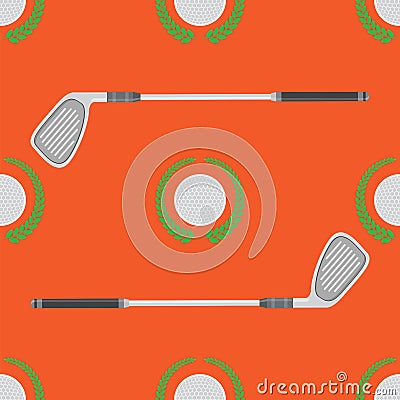 Golf Ball with Stick Icon and Laurel Seamless Pattern on Red Background Vector Illustration