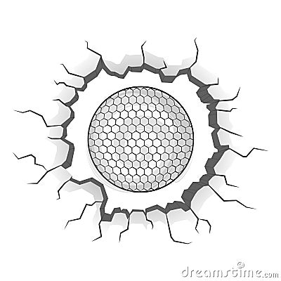 Golf ball stuck on a wall crack Vector Illustration