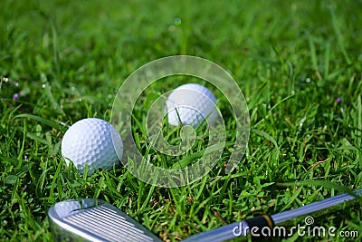 Golf ball and tee on golf green course background Stock Photo