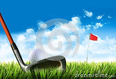 Golf ball with tee in the grass Stock Photo