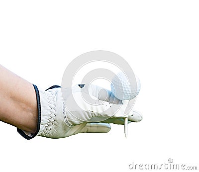 Golf ball with tee in the hand of a golfer isolated on white background Stock Photo