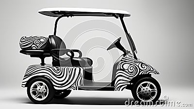 Zebra Golf Cart: Playfully Intricate Monochromatic Design Stock Photo