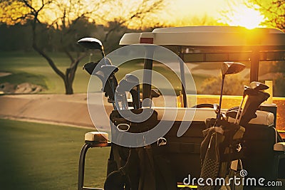 Golf cart 18th hole sun setting Stock Photo