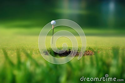 golf club and ball on the green, hole in focus Stock Photo