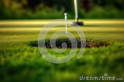 golf club and ball on the green, hole in focus Stock Photo