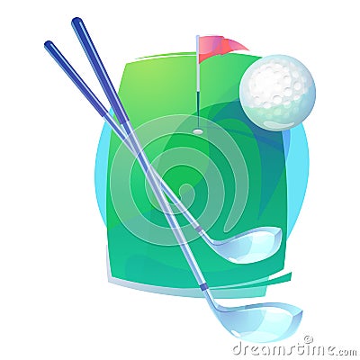 Golf clubs and flying ball over field with flag Vector Illustration