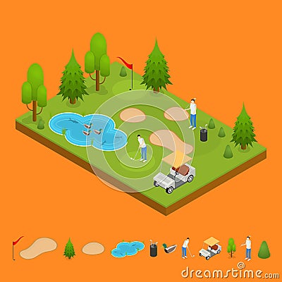 Golf Composition Concept and Elements Part 3d Isometric View. Vector Vector Illustration