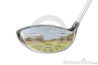 Golf concept, the shiny metal golf driver club and green golf co Stock Photo