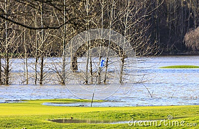 Golf course green flooded after extreme rainfall Stock Photo