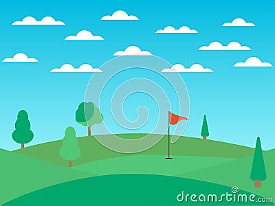 Golf course with a hole and a red flag. Landscape with green fields and trees. Sunny day. Vector Vector Illustration