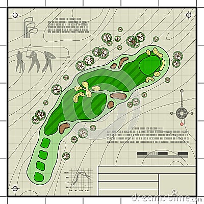 Golf course layout blueprint drawing Vector Illustration