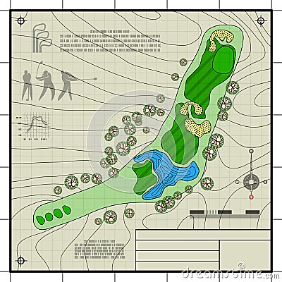 Golf course layout blueprint drawing Vector Illustration