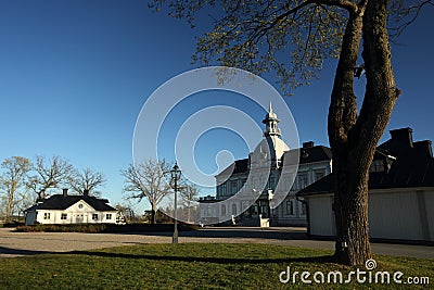 A golf course with roads and ponds and with golfcart and building in Sweden Stock Photo