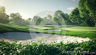 Golf course with variety of features, including tees, fairways, greens, bunkers filled with black bottomless pits Stock Photo