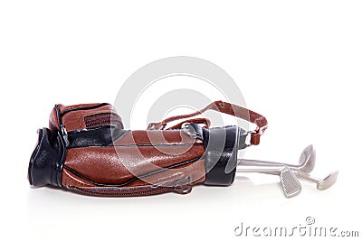 Golf equipment in a leather bag Stock Photo