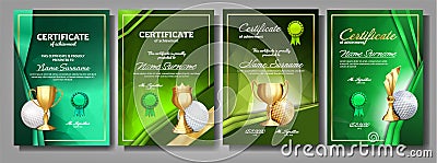 Golf Game Certificate Diploma With Golden Cup Set Vector. Sport Award Template. Achievement Design. Honor Background. A4 Vector Illustration