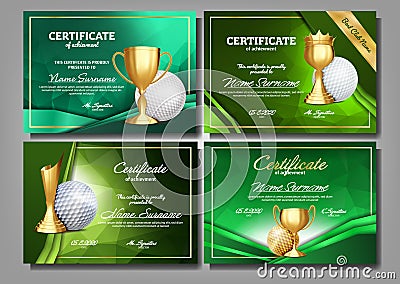 Golf Game Certificate Diploma With Golden Cup Set Vector. Sport Award Template. Achievement Design. Honor Background Vector Illustration