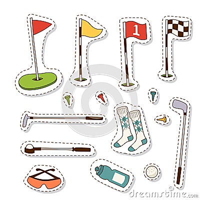 Golf icons hobby equipment cart player golfing sport symbol flag hole game elements vector illustration. Vector Illustration