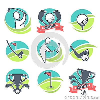 Golf Labels Collection with Equipments and Prizes Vector Illustration