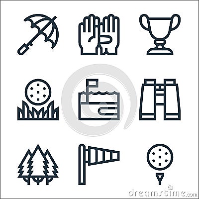 Golf line icons. linear set. quality vector line set such as golf ball, windsock, trees, binoculars, golf field, ball, trophy, Vector Illustration