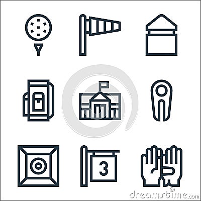 Golf line icons. linear set. quality vector line set such as gloves, tee, training, divot, golf club, golf bag, tee, windsock Vector Illustration