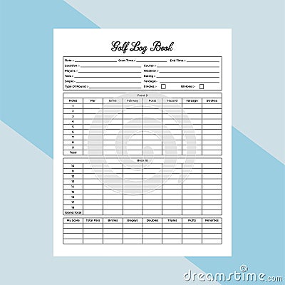 Golf log book KDP interior. Golf game score tracker and cart information checker template. KDP interior notebook. Golf total score Vector Illustration