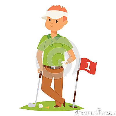 Golf player vector man and accessories golfing club male swing sport hobby equipment illustration Vector Illustration