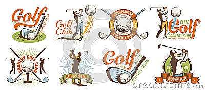 Golf retro logo with clubs balls and golfer Vector Illustration