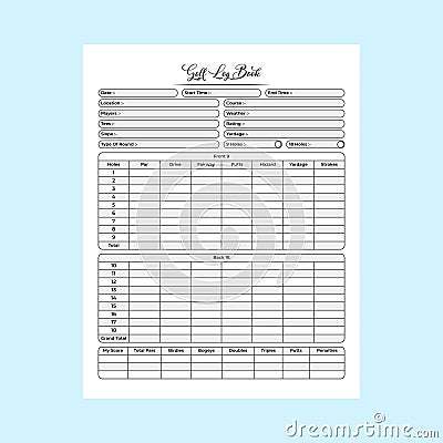 Golf score tracker KDP interior journal. Golf regular score calculator and location tracker template. KDP interior notebook. Golf Vector Illustration