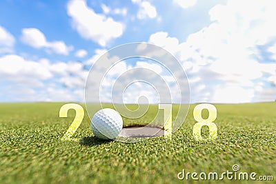 Golf sport conceptual image.Happy new year 2018. Golf ball on the green fairway Stock Photo